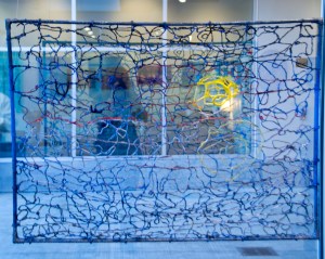 "Sunset" by Crystal Edwards.  Painted yarn and wood.  30" x 40" x 1"