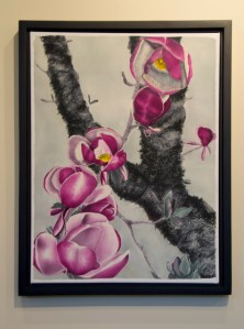 "Magnolia's Life Recycled" by Rebecca Wachtman. Silk painting; mounted canvas. 26.25" x 20.25" x 1.75"